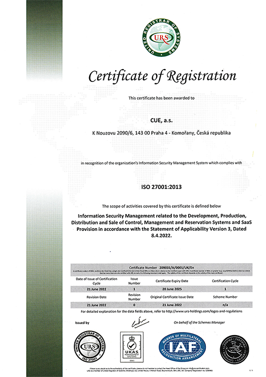 CUE System - Certificate of registration ISO 27001:2013